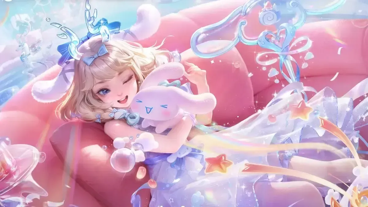 Hình ảnh của trang phục Cinnamoroll Yaria, từ dòng trang phục hợp tác giữa HoK và Sanrio.
