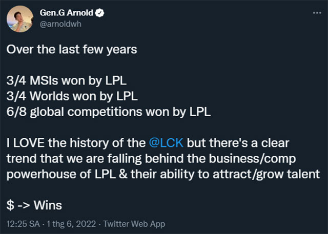 CEO của Gen.G nhận xét: LPL có thể giành chức vô địch bằng cách vung tiền để mua tuyển thủ