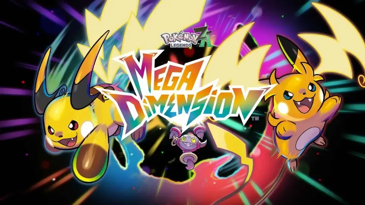 Pokémon Legends: Z-A Mega Dimensions DLC key visual with Mega Raichu X, Mega Raichu Y, and Hoopa. 