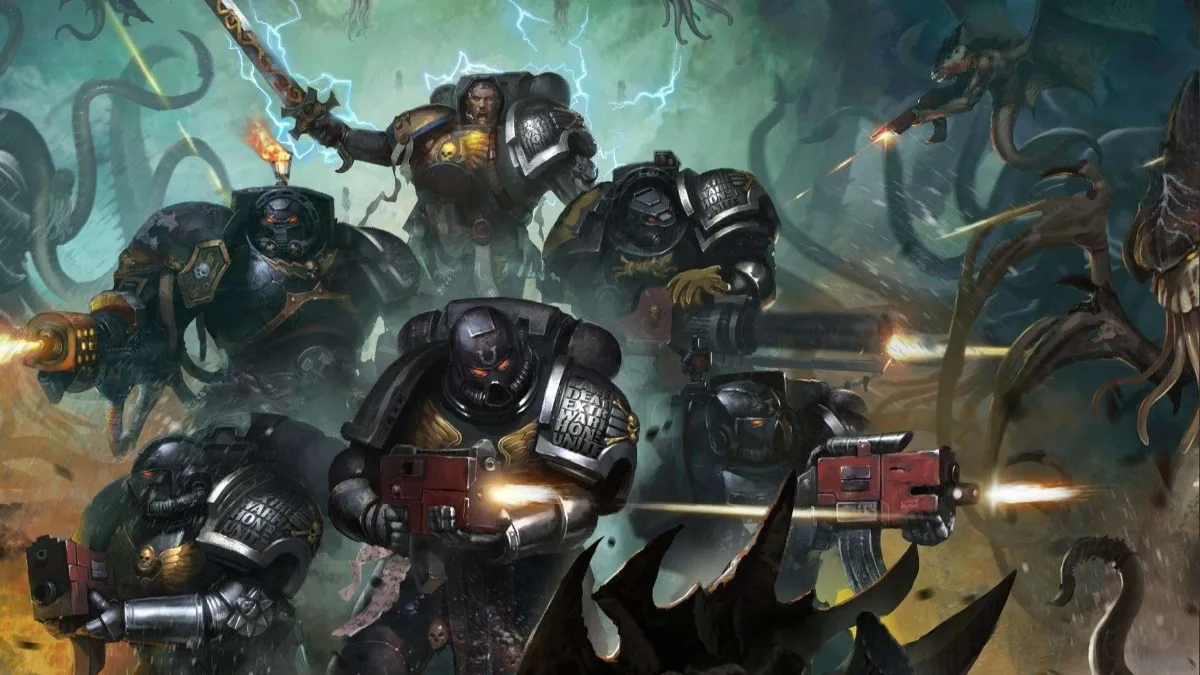 Artwork depicting the Deathwatch in battle against the Tyranids.