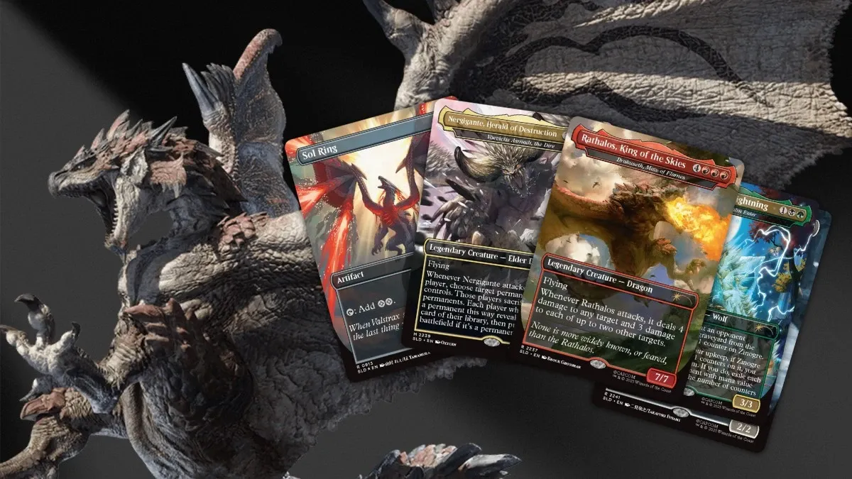Monster Hunter Rathalos in the background and five cards from the MTG x Monster Hunter Secret Lair Superdrop.