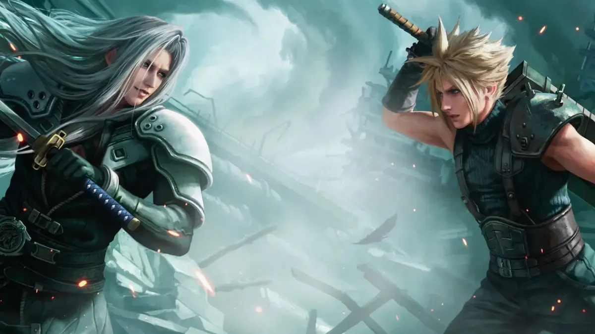 Sephiroth battles Cloud in cover art for the Final Fantasy x Magic: The Gathering crossover.