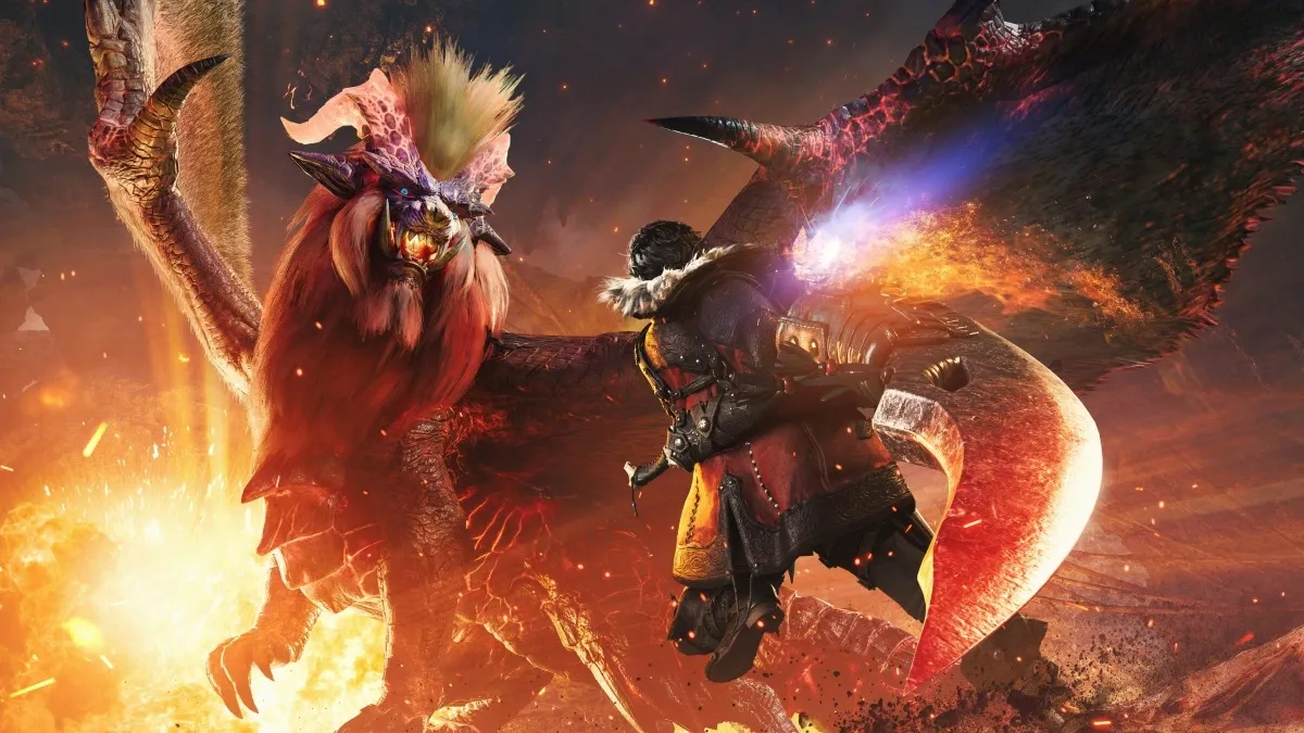 Splash art for Monster Hunter Wilds: Ascendance featuring Teostra.