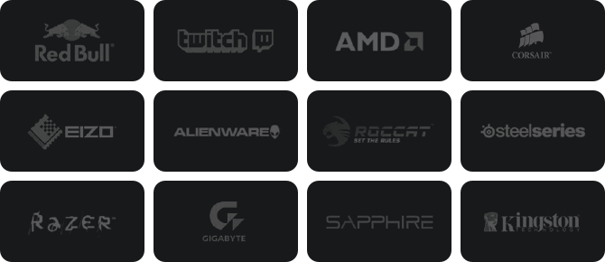 Red Bull, Twitch, AMD, Corsair, EIZO, Alienware, Roccat, SteelSeries, Razer, Gigabyte, Sapphire, Kingston