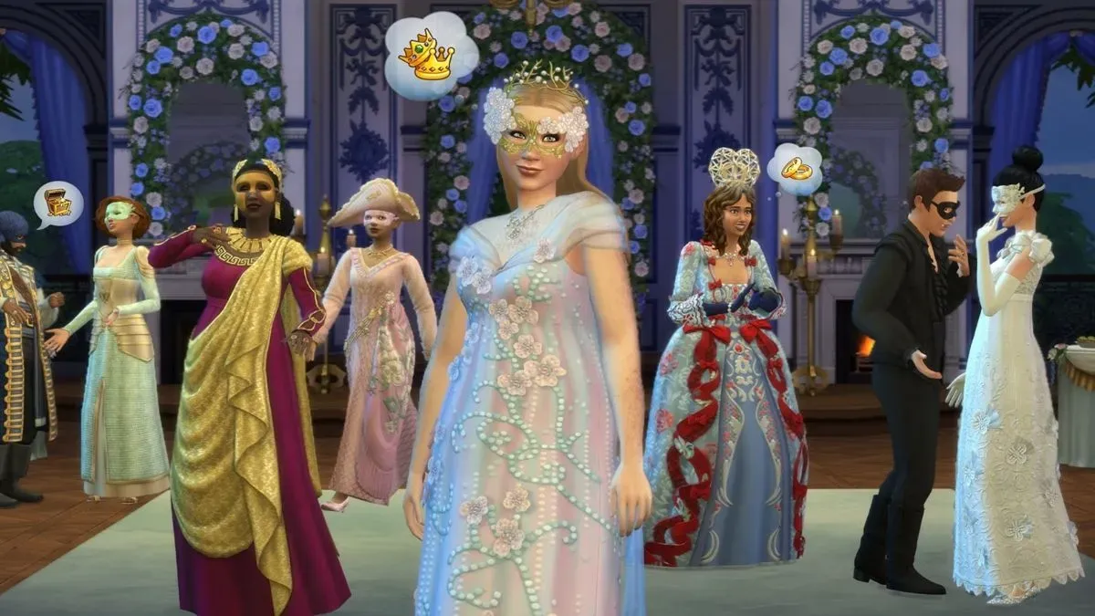 An image of The Sims 4 characters in Bridgerton cosmetics.