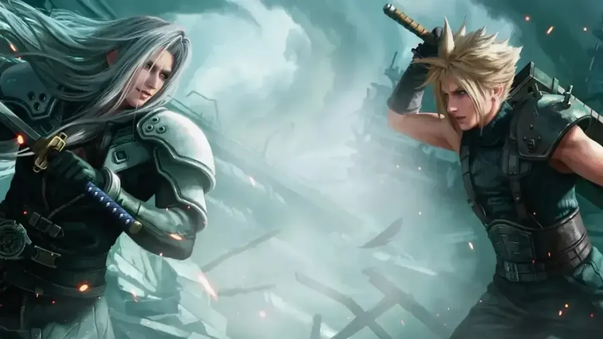 Sephiroth chiến đấu với Cloud trong ảnh bìa cho sự kết hợp giữa Final Fantasy và Magic: The Gathering.