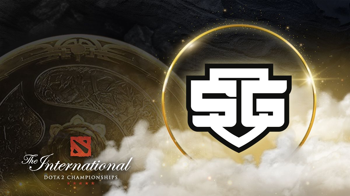 SG esports logo with The International 10 Aegis on the background