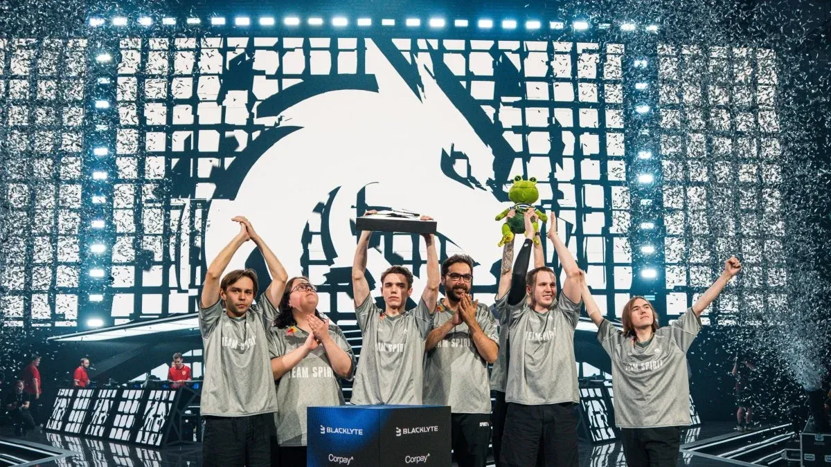 An image of Team Spirit raising the trophy in BLAST Open Fall Porto 2026.