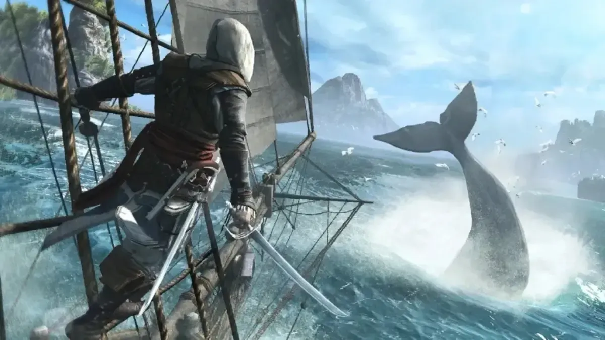 Edward Kenway bám chặt vào dây thừng khi một con cá voi nổi lên bên cạnh tàu Jackdaw.