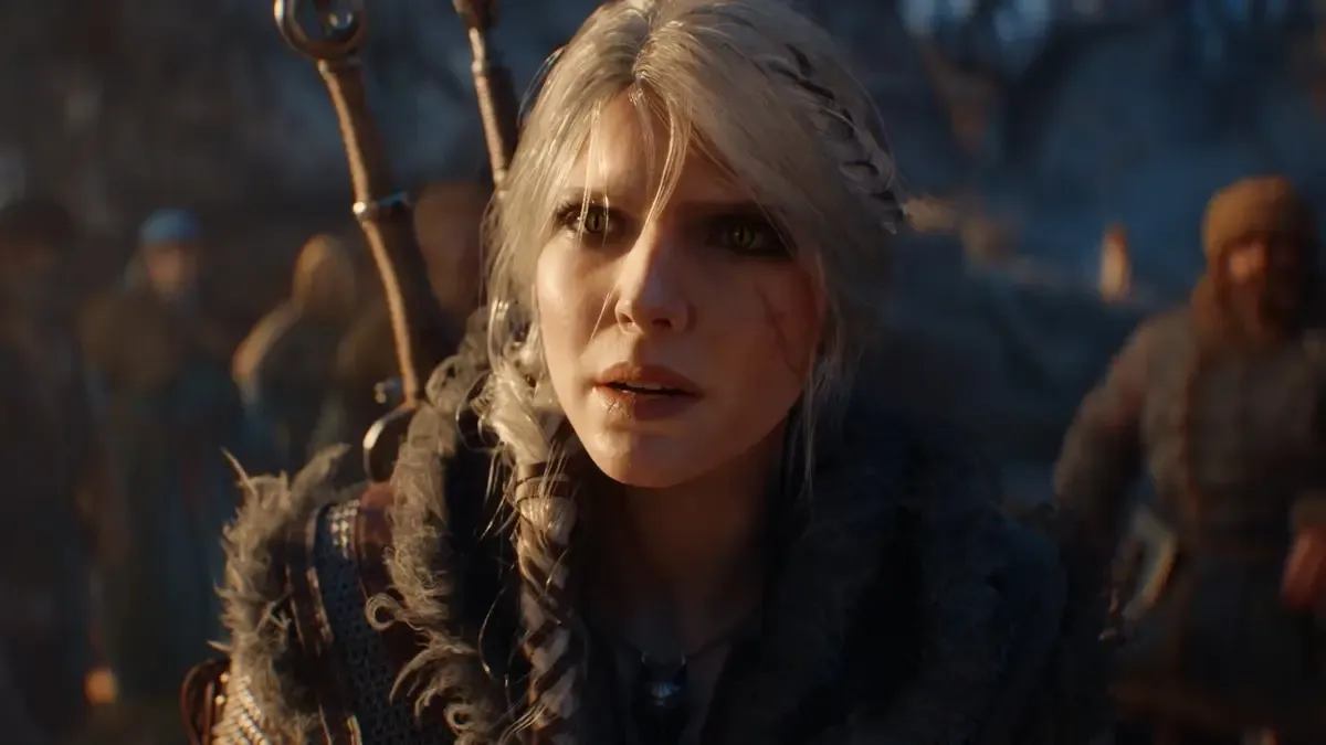 Image of Ciri questioning the villagers from The Witcher 4 announcement trailer.