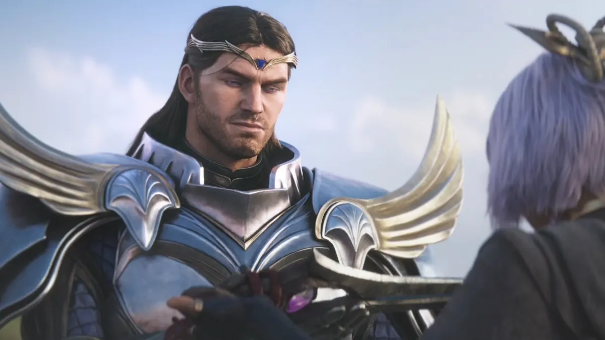 Jarvan IV receives Xin Zhao's weapon from Yunara