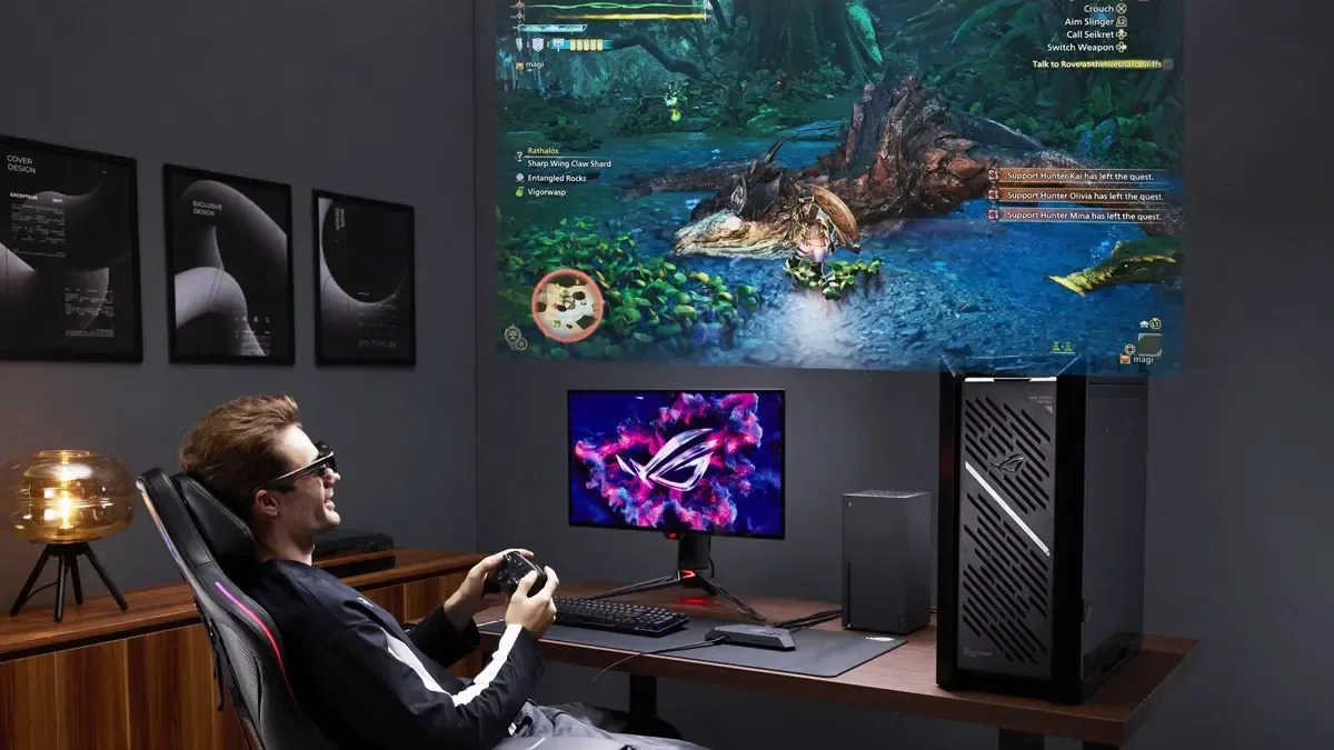 The ROG XREAL R1 gaming glasses in action.