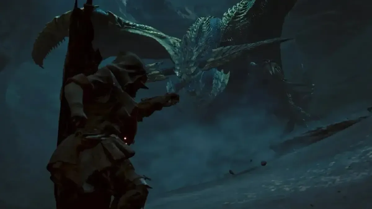 Một hình ảnh của Thợ săn đối đầu với Rey Dau trong Monster Hunter Wilds.