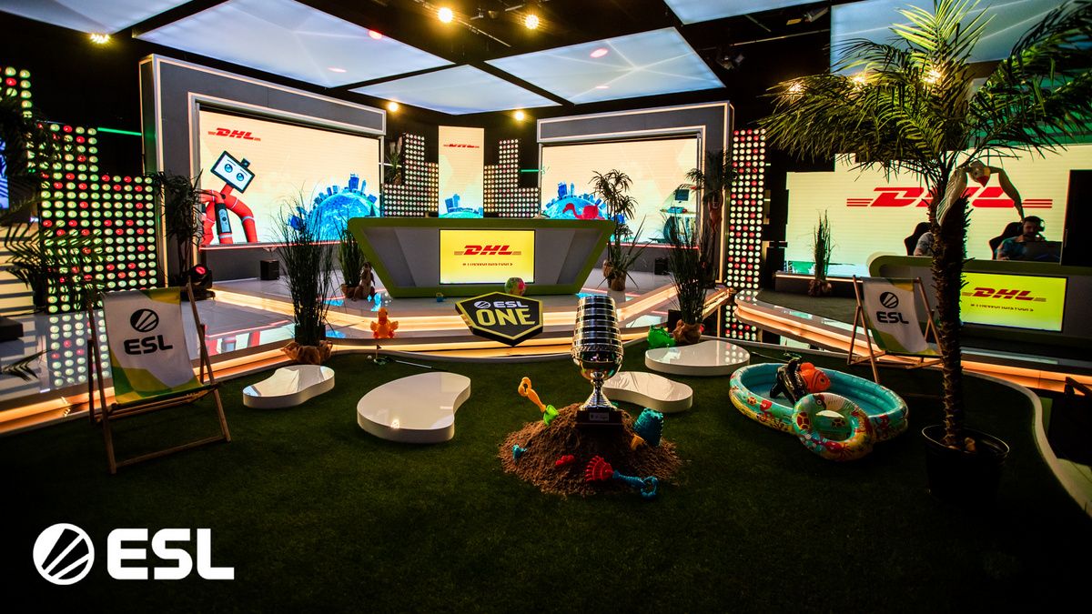 ESL One studio setup showing a summer theme