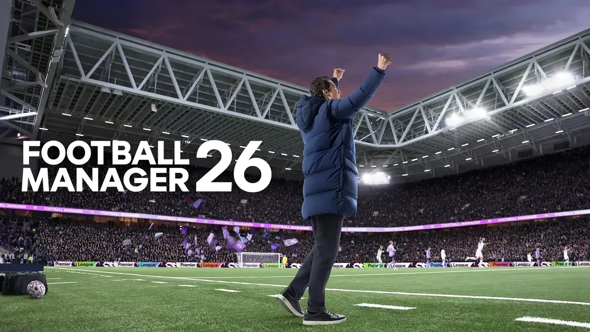 Key visual for Football Manager 26, featuring a manager and a football field.