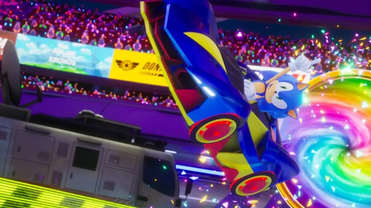 Sonic coming out of a portal in Sonic Racing: CrossWorlds.