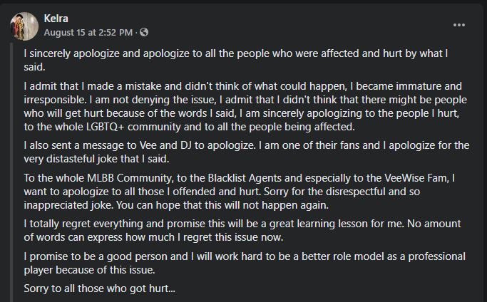 Kelra Facebook apology