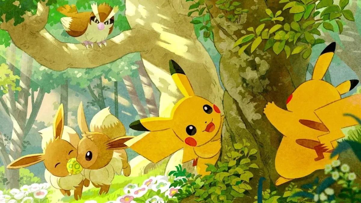 Key Viusal of Pikachus, Eevees, and a Pidgey in the Pokemon Forest.