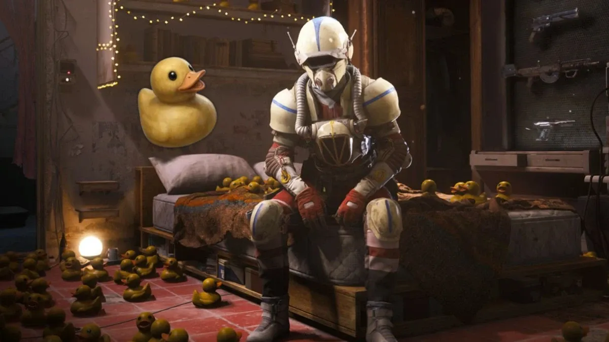 Arc Raiders Raider Den full of ducks and a large version of said duck.