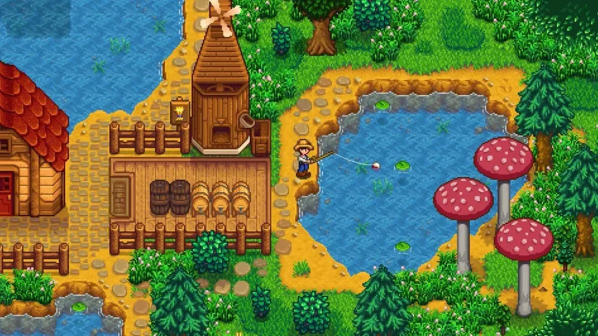 A player fishing in a pond in Stardew Valley