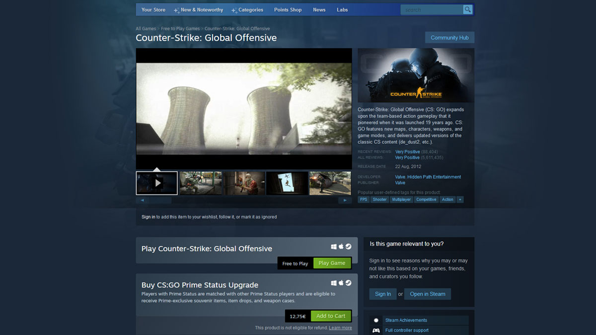 Screenshot of CSGO page on Steam