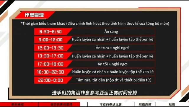 Thời gian biểu tập luyện của ĐTQG Trung Quốc