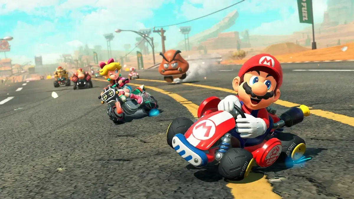 Mario, Peach, a Goomba, and more from Mario Kart World are depicted in this image.