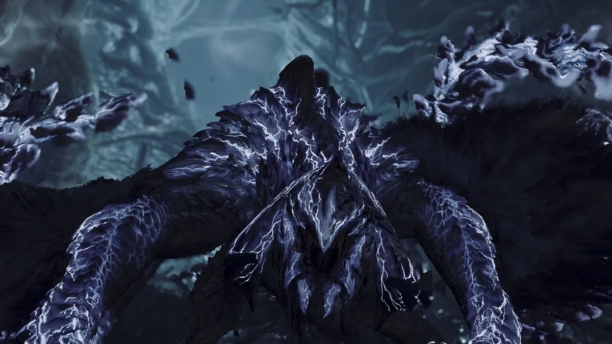 Screenshot from Monster Hunter Wilds featuring Arch-tempered Arkveld.