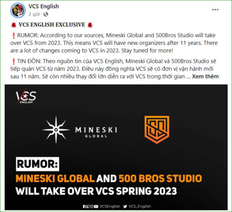 Có thông tin rằng từ năm 2023, Mineski Global và 500Bros Studio sẽ tiếp quản VCS