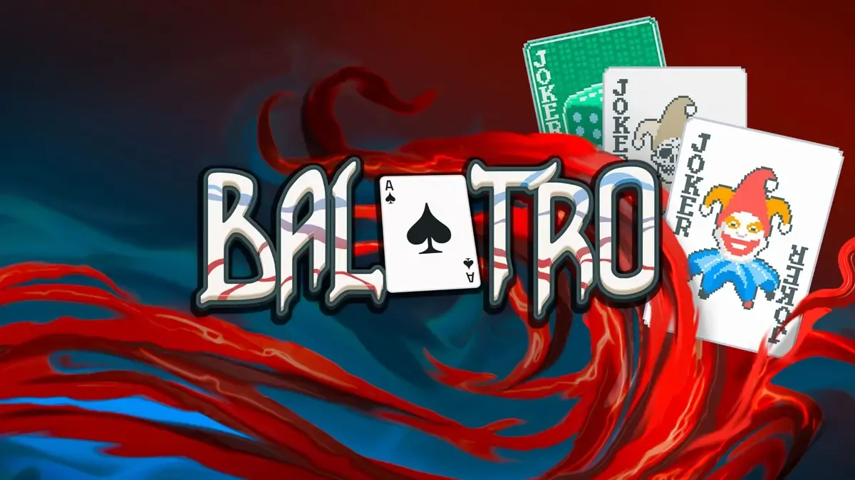 Cover art is depicted for the video game Balatro, including its logo and some joker cards.