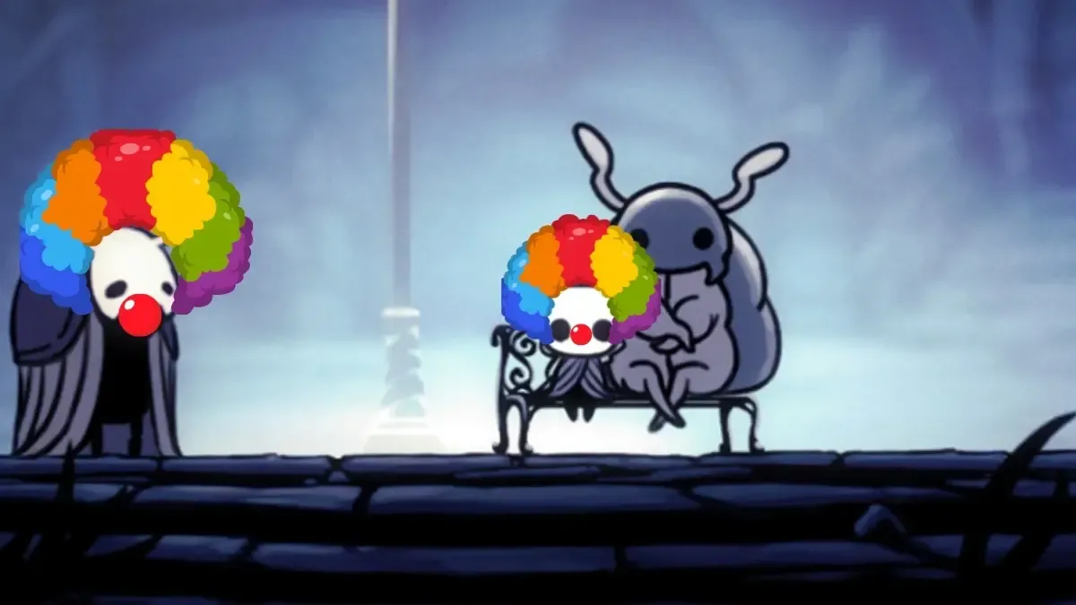 The Knight and another character wearing clown noses and wigs.