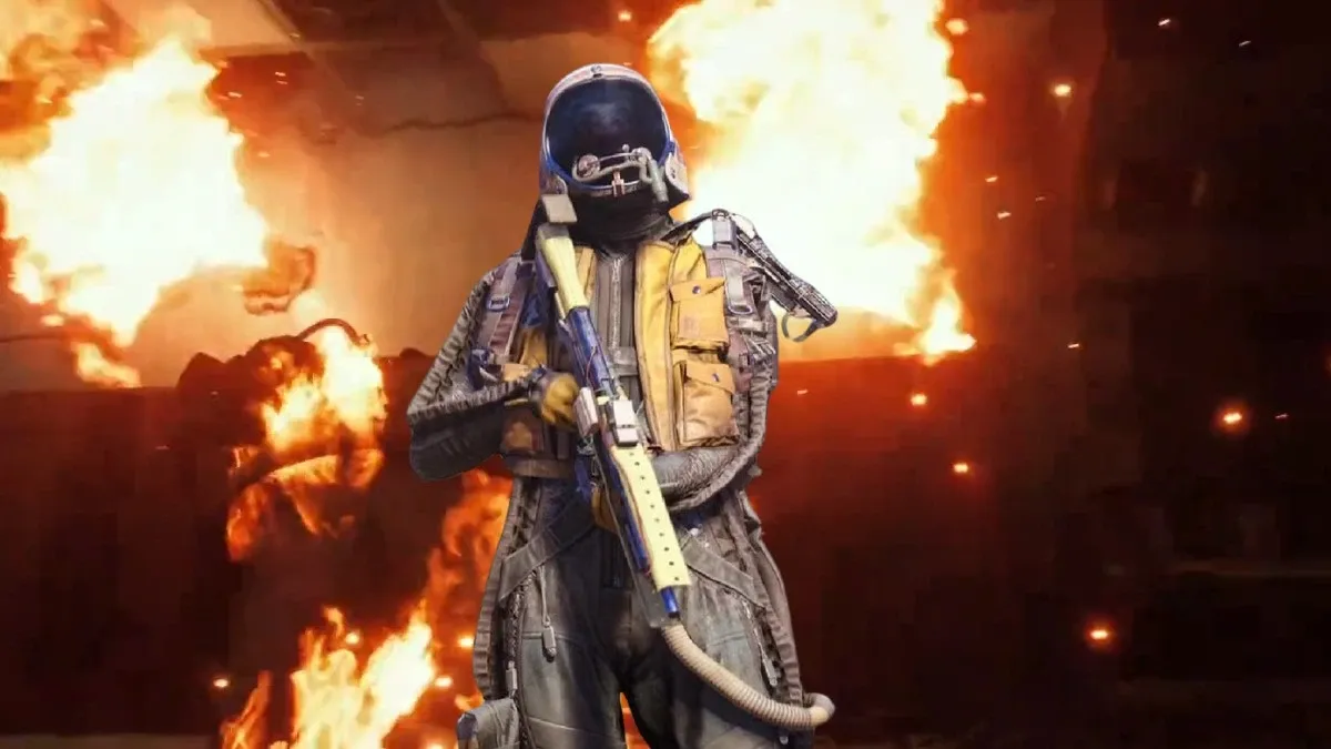 A screenshot of a player burning after entering a locked room and an Arc Raiders player.