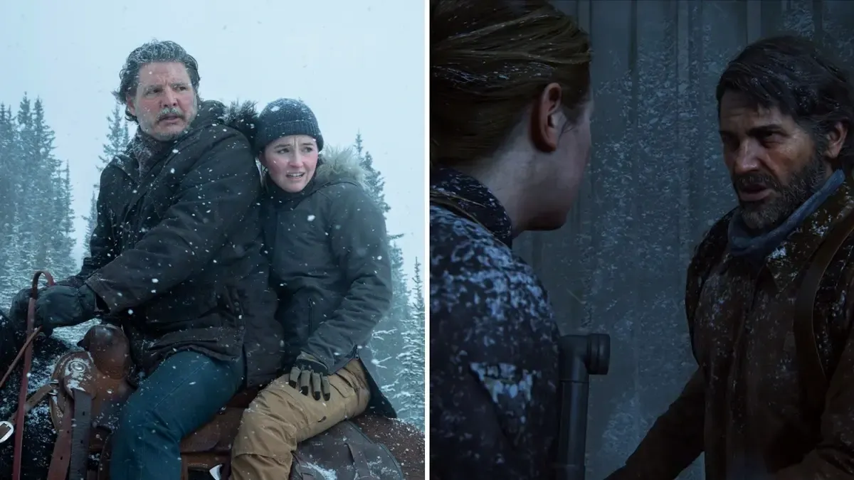A side-by-side comparison of Joel and Abby from The Last of Us Season 2 (left) and The Last of Us Part II (right).