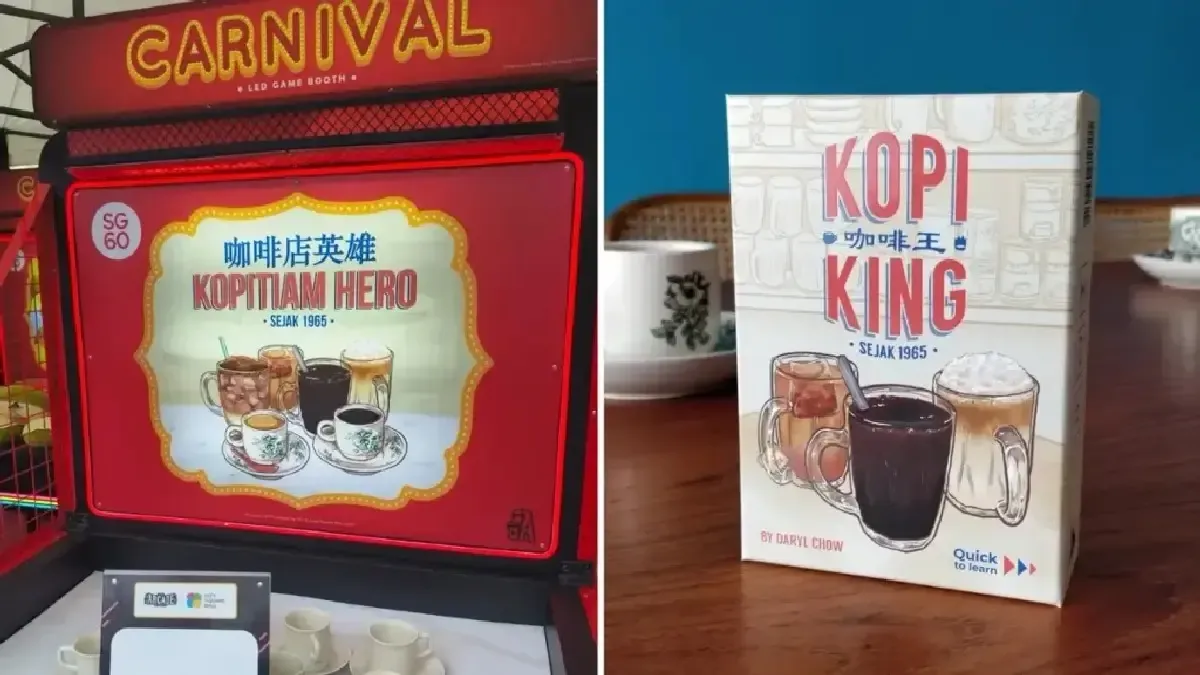 Một trò chơi hội chợ tại lễ kỷ niệm SG60 và ảnh bìa của trò chơi thẻ Kopi King của Origame.