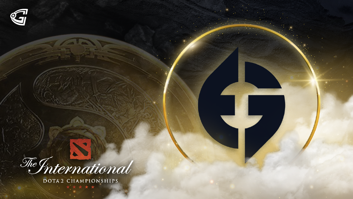 Evil geniuses logo with the Aegis and The International 10 logo on a  golden background