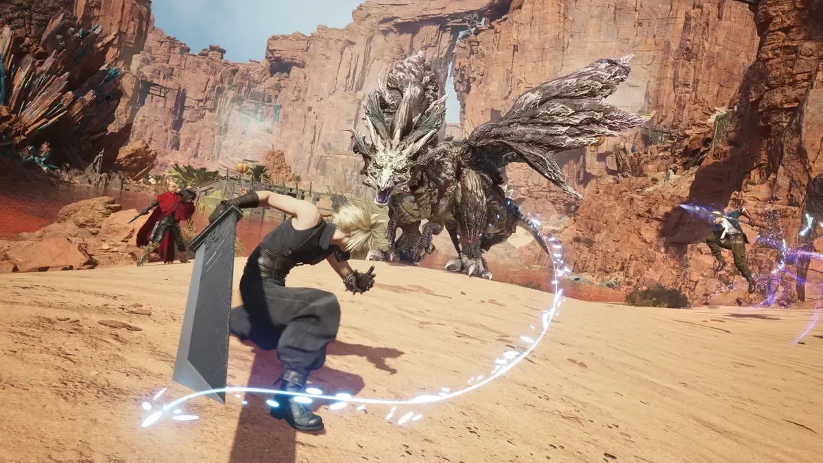 Final Fantasy VII Revelation gameplay screenshot in the desert with Cloud wearing a FIT.