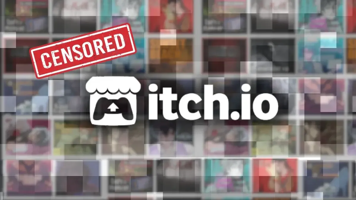 itch.io logo behind a wall of indie games censored under a pixel filter.