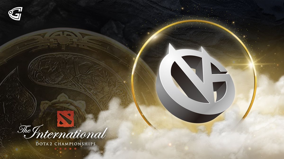 Vici gaming logo with  the TI10 Aegis on the background
