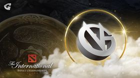 Vici gaming logo with the TI10 Aegis on the background