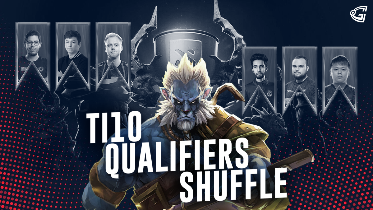 Dota 2 players and a cup illustrating the shuffle period