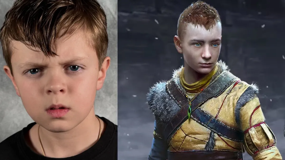 Callum Vinson Head Shot and screenshot of Atreus in God of War.