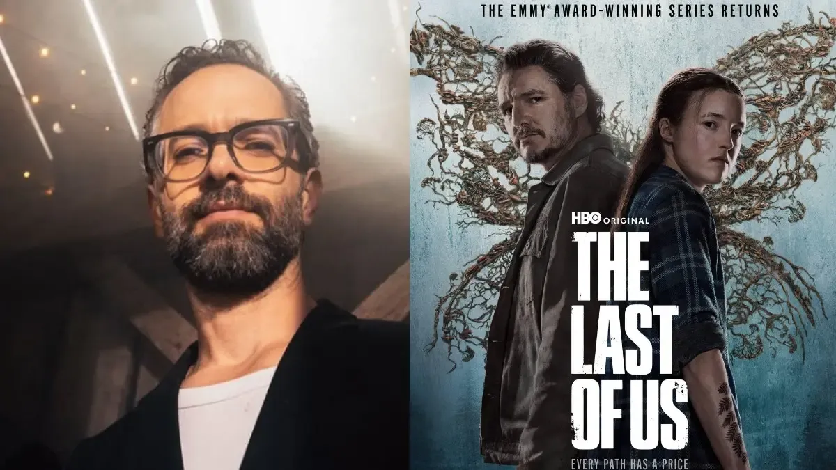 Neil Druckmann side by side with The Last of Us Season 2 poster.