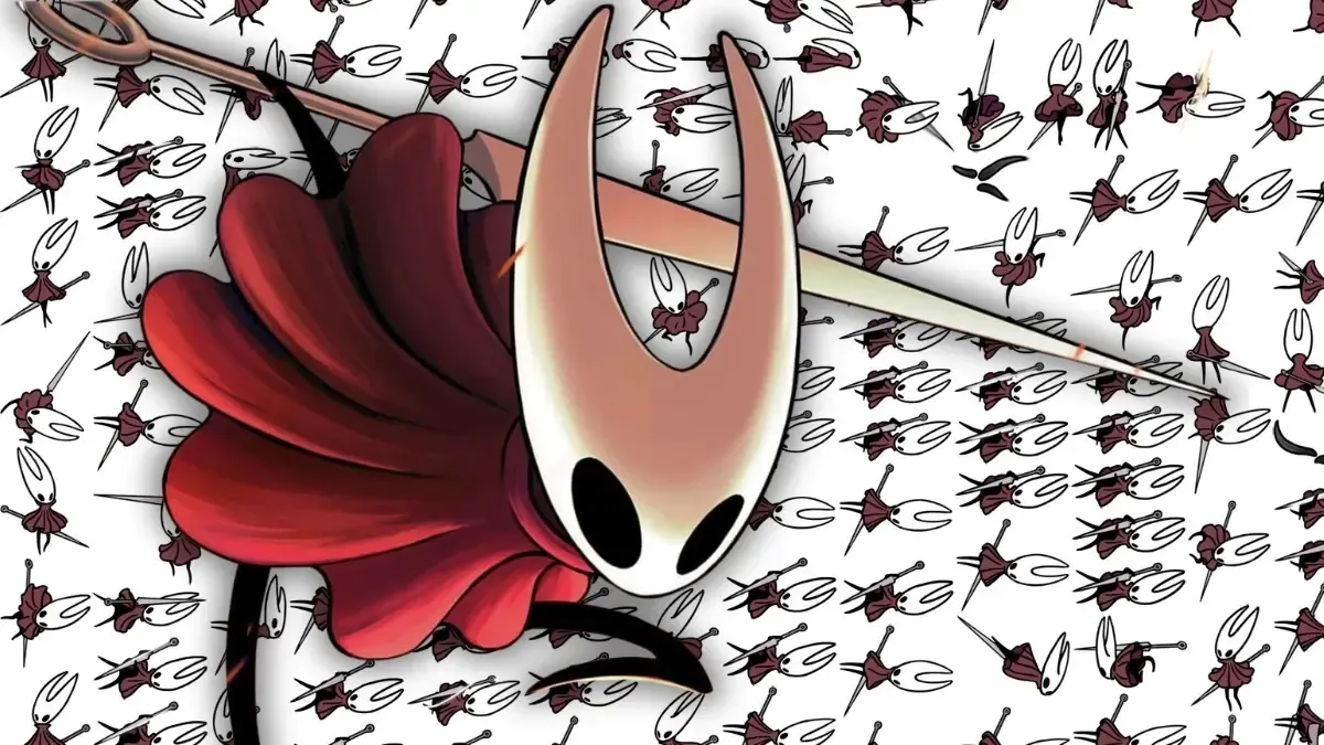 Hornet against Team Cherry's artwork of Hornets in different stances.