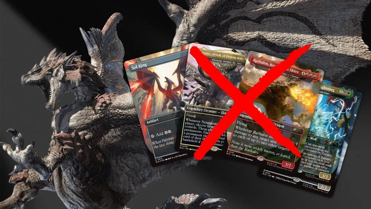 Monster Hunter Secret Lair Super Drop cards with a X mark over them.