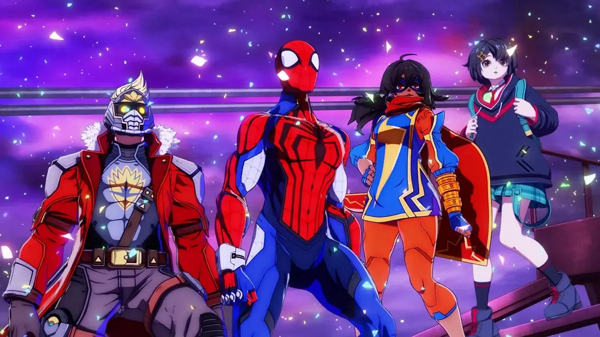Star-Lord, Spider-Man, Ms. Marvel, and Peni Parker in Marvel Tōkon Fighting Souls.