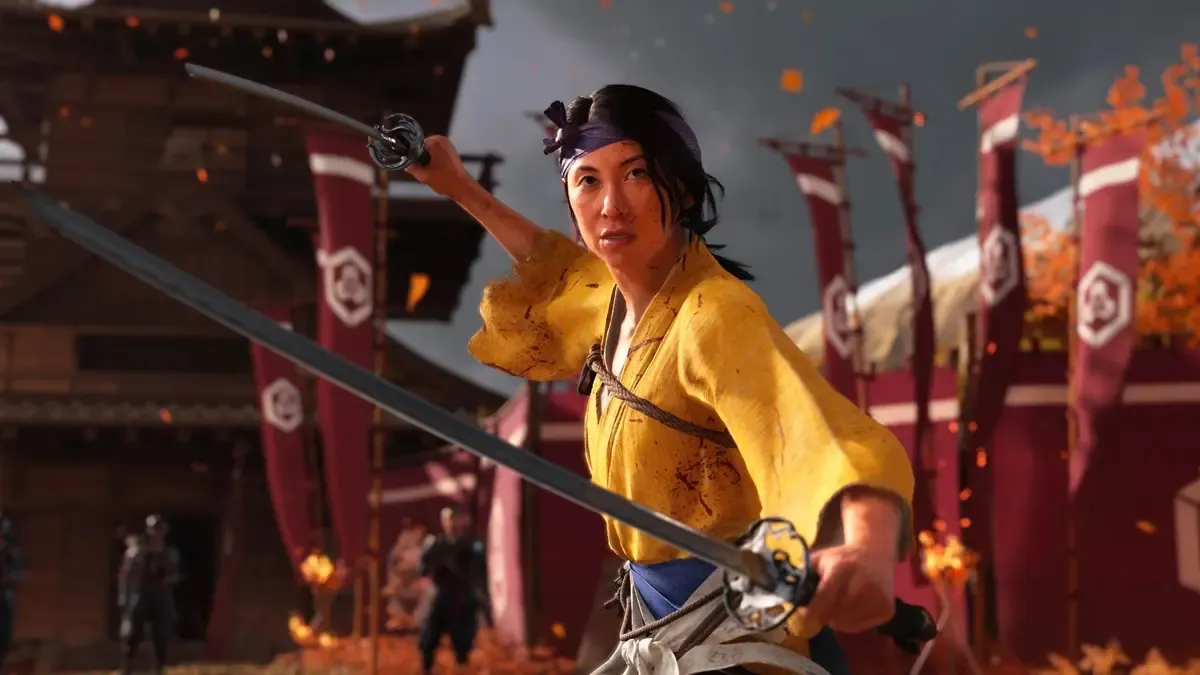 Atsu in Ghost of Yōtei, wielding dual katanas.