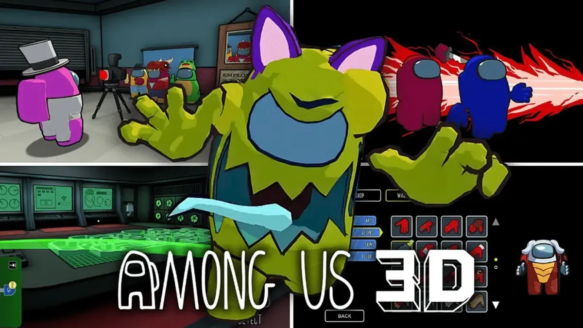 An image of Among Us 3D's cover art, characters, and logo. 