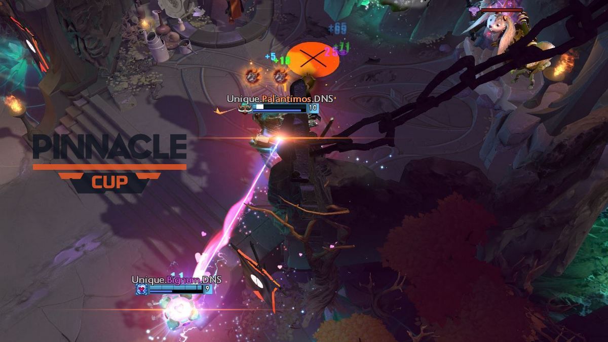 Dota 2 heroes Io and Gyro in the Dire fountain at Pinnacle Cup