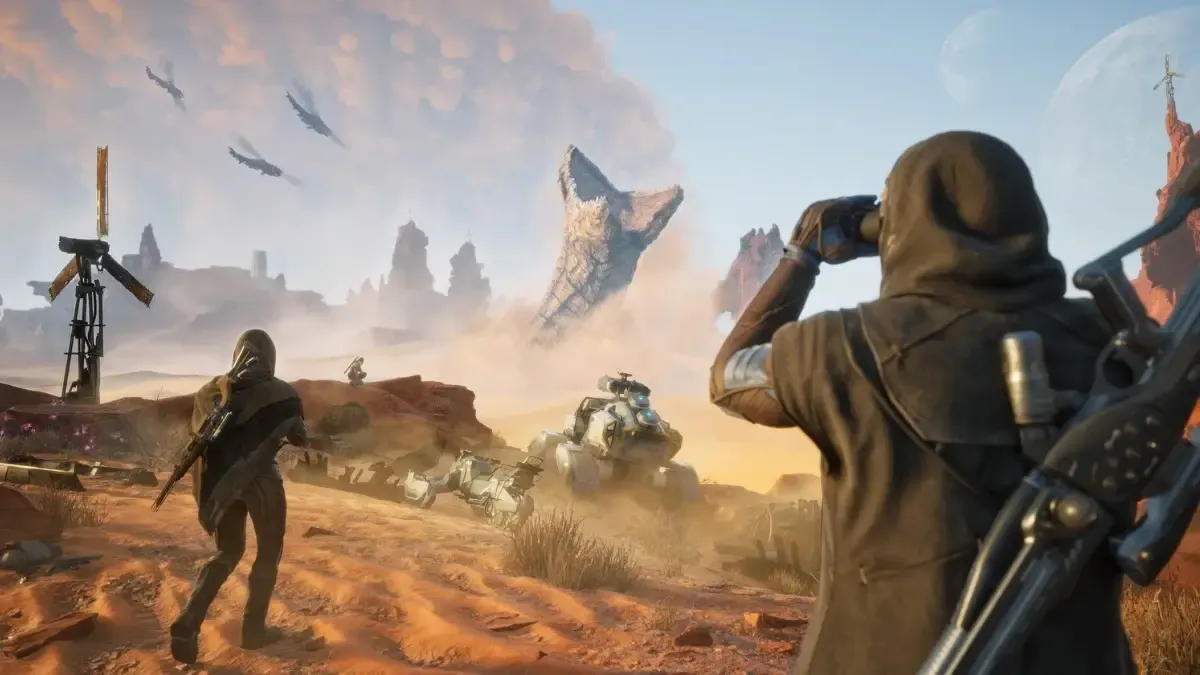players watching a sandworm from afar in Dune: Awakening.