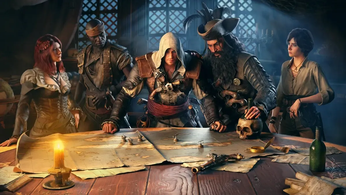 Assassin's Creed Black Flag Resynced cover art with Edward Kenway, Blackbeard, and more.